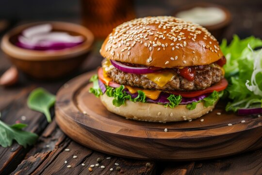 Image of a delicious crispy chicken burger on a wooden platter with melted cheese red cabbage lettuce and sauce