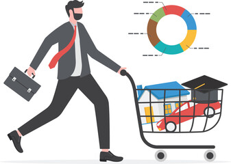 Expense planning, living cost or budget management, debt, bills or credit card payment, personal finance concept, young man with house, car, credit card, education and utilities cost in shopping cart.