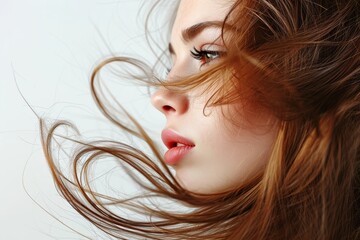 Gorgeous young woman with long healthy hair against a white backdrop