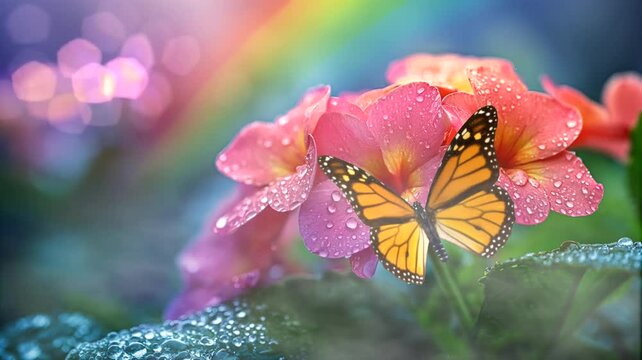 A butterfly on wet flower with rainbow. Seamless looping time-lapse 4k video animation background