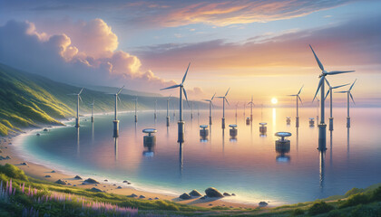 Tranquil coastal landscape with integrated tidal energy devices at sunset. - obrazy, fototapety, plakaty