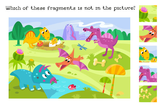 Find fragments in picture. Educational puzzle game for kids. Cute flat simple dinosaurs in Jurassic Park. Vector colour illustration. Cartoon scene for design. Prehistoric forest.
