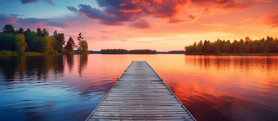 Fototapeta premium color full wooden pier on a lake that is totally calm during sunset.AI Generative