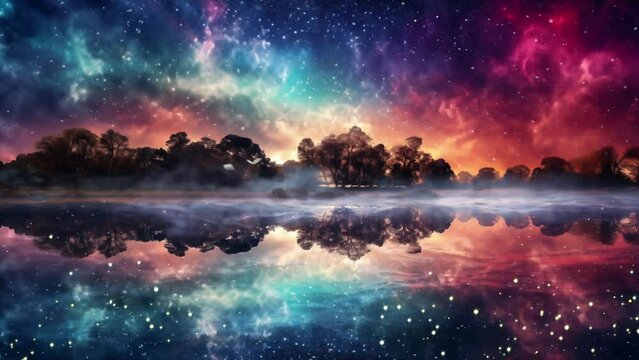 sunrise over the lake with cosmic sky.  an awe inspiring astrophotography image of cosmic. seamless looping overlay 4k virtual video background