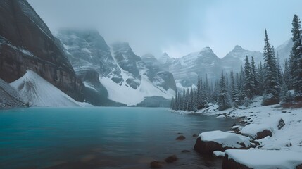 Beautiful turquoise waters of the Moraine lake with snow-covered peaks above it in Banff National Park 