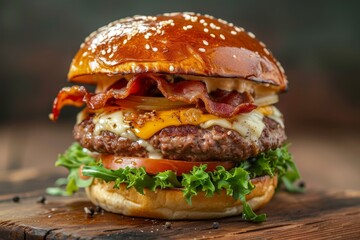 Delicious gourmet burger with double meat cheese and bacon - obrazy, fototapety, plakaty