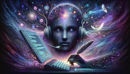 Enigmatic AI Customer Support: Serene cosmic face amidst glowing code and ethereal keyboards.