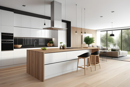 Modern contemporary interior kitchen space. White and wood material 3d render Stock Photo