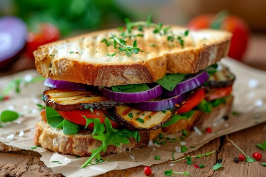 Half cut sandwich with organic veggies on paper and board on table