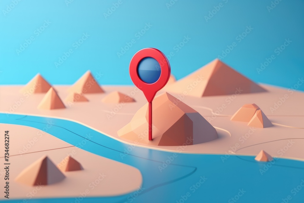 Poster 3d map travel location. locator mark of map and location pin or navigation icon sign on background w
