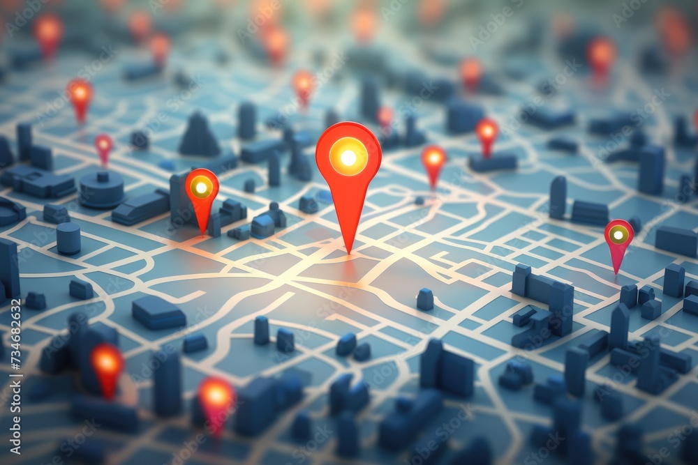 Poster 3d map travel location. locator mark of map and location pin or navigation icon sign on background w