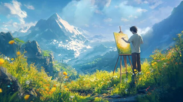 Person painting landscape on canvas. Seamless looping time-lapse 4k video animation background