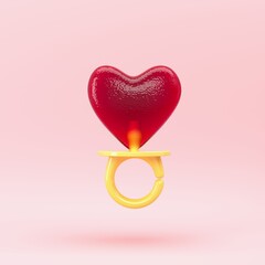 Closeup Red Shape Heart Lollipop Candy ring isolate on pink background. 3D minimal valentine concept idea. - 734682813