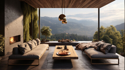 Fototapeta premium Living room interior of a mountain resort for a quiet retreat. Ai generate.