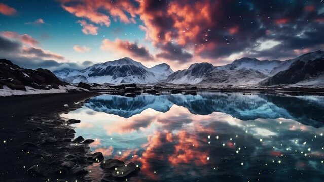  an awe inspiring astrophotography image of cosmic. sunrise over the lake with cosmic sky. seamless looping overlay 4k virtual video background
