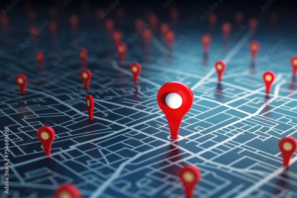 Poster 3d map travel location. locator mark of map and location pin or navigation icon sign on background w