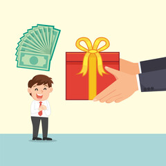 The boss hands holding giant gift box gave gifts to the male employees. Christmas gifts and presents concept.illustration vector eps10 cartoon. 