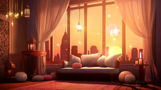 Interior of a room with lantern and wide window, fireworks outside. Seamless looping time-lapse 4k video animation background