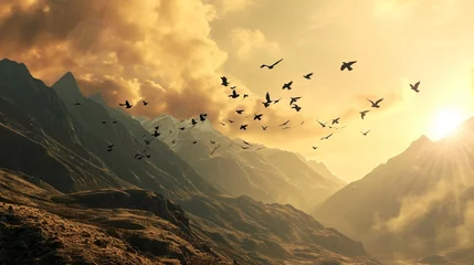 Fotobehang Craft a dreamy scene in which a mountain landscape is intertwined with a flock of migrating birds, symbolizing freedom and exploration © colorful imagination