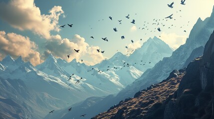Craft a dreamy scene in which a mountain landscape is intertwined with a flock of migrating birds,...