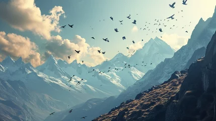 Fotobehang Craft a dreamy scene in which a mountain landscape is intertwined with a flock of migrating birds, symbolizing freedom and exploration © colorful imagination