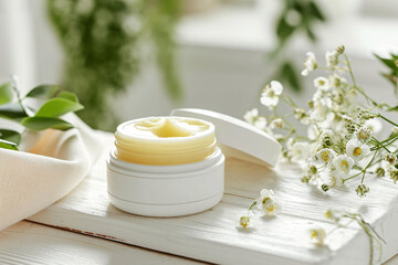 A mockup product photo of a cosmetic jar with cream surrounded by decorative elements