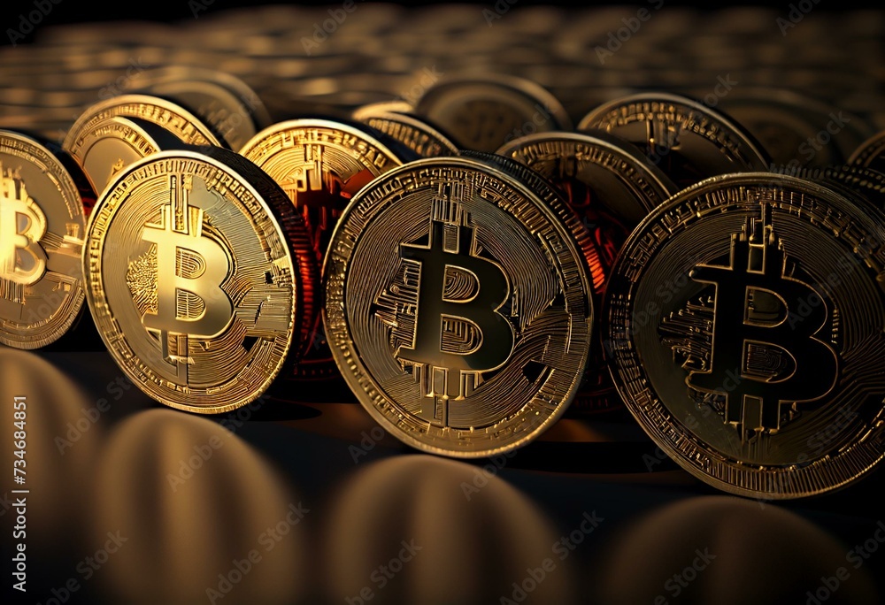 Wall mural row of bitcoin golden coins background. 3d rendering illustration image. generative ai