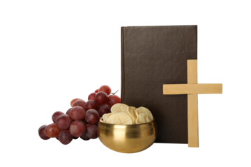 PNG, Bread, grapes, wooden cross and book, isolated on white background