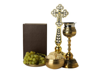 PNG, Bread and grapes in golden dishes, cup, cross and book, isolated on white background