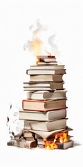 pile of book on fire in white background