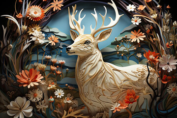 Blossoming Enchantment: tunning painting capturing the beauty of a majestic deer as it stands amidst a vibrant and colorful array of flowers.