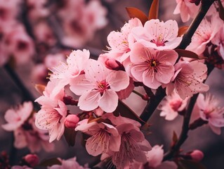 Close up view of pink blossoms on a tree
