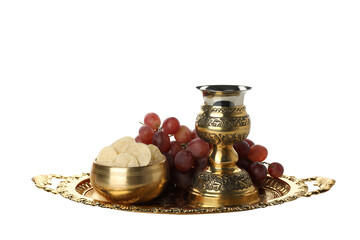 PNG, Cup, bread and grapes on golden tray, isolated on white background