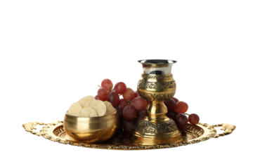 PNG, Cup, bread and grapes on golden tray, isolated on white background