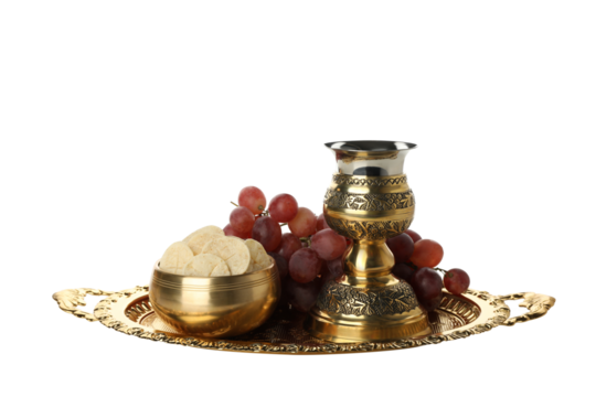 PNG, Cup, bread and grapes on golden tray, isolated on white background - Powered by Adobe