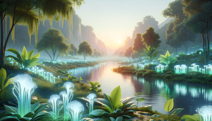 Tranquil synthetic biology garden with bioluminescent plants and flowing stream.