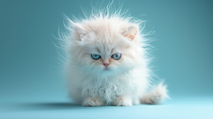 Cute kitty cat isolated on blue background. 