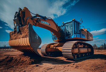 excavator blue sky heavy machine construction site. Generative AI