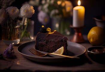 a piece of chocolate cake on a plate with flowers and a lemon slice on top of it with a candle and napkins in the background.  generative ai