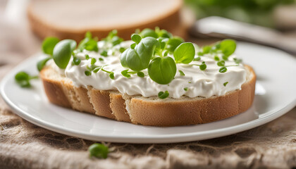 Cream Cheese on a slice of bread topped with fresh Cress in the ceramic white plate - Powered by Adobe