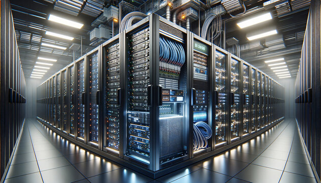 High-Tech Server Rack with Real-Time Trading Data and LED Indicators