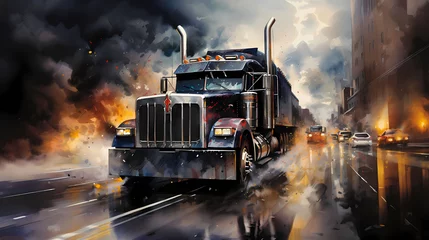 Papier Peint photo Gris 2 Illustration d'un gros truck américain dans un beau paysage