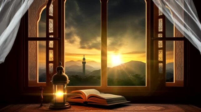 Lantern and Al-qur'an scripture in the window at sunset. Seamless looping time-lapse 4k video animation background