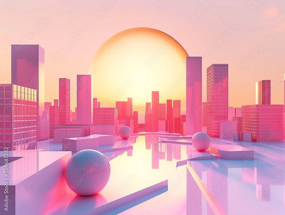 Poster 3D render of a geometric metropolis in a futuristic style as a unique backdrop background