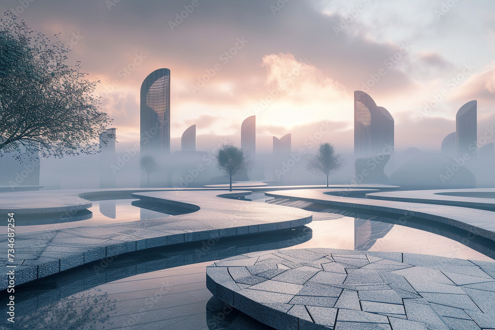 Poster 3D render of a geometric patterned landscape in a futuristic city for a unique backdrop background