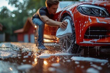 Washing a Car in the Rain: A Monthly Event for Car Enthusiasts Generative AI - obrazy, fototapety, plakaty