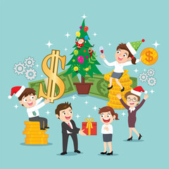 Successful entrepreneur business team in celebration party
standing near big Christmas tree with gift box. Christmas gifts and presents concept.illustration vector eps10 cartoon.