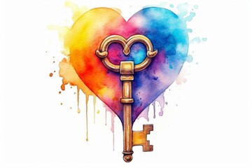 Colorful heart-shaped key depicted in watercolor cartoon style. Generative AI