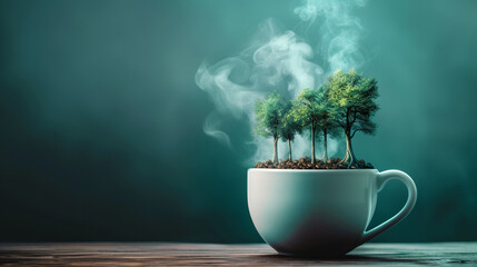 A boiling coffee mug sprouting a whimsical forest of steam trees as a unique illustration