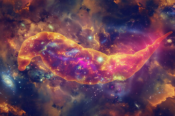 A backdrop background of a pancreas organ blended into a cluster of several galaxies - obrazy, fototapety, plakaty
